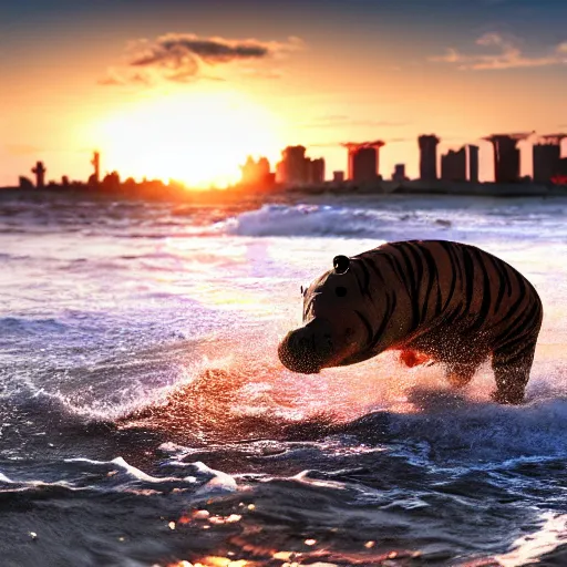 Prompt: a closeup photorealistic photograph of a cute tiger hippo playing volleyball at the beach during sunset. Surf in the background. This 4K HD image is Trending on Artstation, featured on Behance, well-rendered, extra crisp, features intricate detail and the style of Unreal Engine.