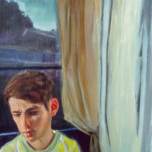 Prompt: a david padworny painting of a 1 4 year old boy looking out his bedroom window, looking sad, oil painting, harding meyer, samuel kane, expressionism