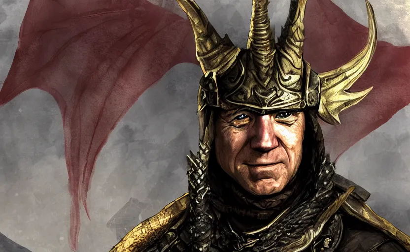 Prompt: joe biden as the dragonbord in skyrim, digital art