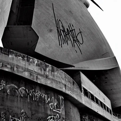 Image similar to a brutalism dark photo of an airship full of graffiti