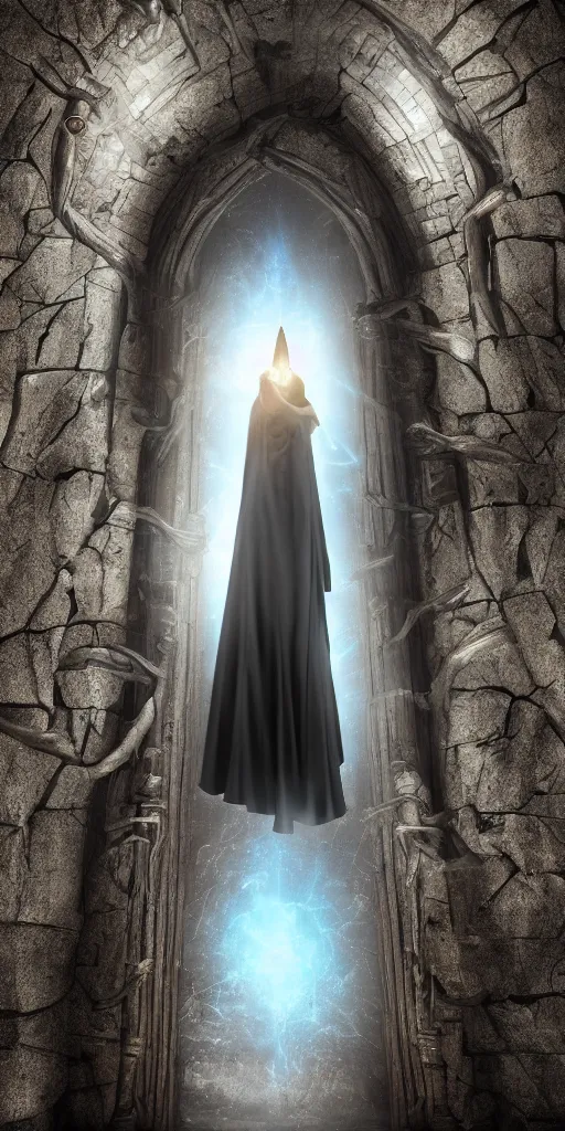 Prompt: a wizard in a cloak standing in front of an ancient portal to wisdom, tall door, high ceiling, magic light, light beam, cinematic atmosphere, high definition, ultra detailed