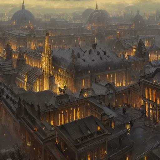 Image similar to an ultra detailed matte painting of the capital city of galic, grid shaped city cobblestone streets, fantasy capital city, light snowfall, wind, inspiring gothic architecture, ultrawide lense, aerial photography, unreal engine, exquisite detail, 8 k, art by greg rutkowski and alphonse mucha