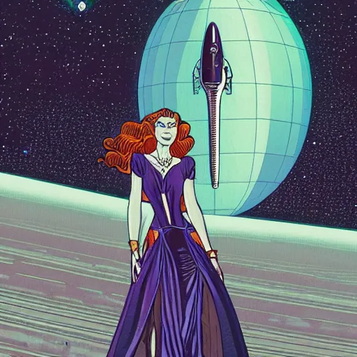 Prompt: dead princess in flowing long dress, in space, broken spaceship in background, futuristic, hi-tech details, style jean giraud, hyperdetailed, dark colors