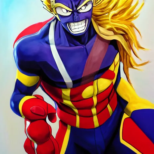 Prompt: an oil painting of a all might from my hero academia by artgerm, hero costume, middle ages, hd, hdr, ue 5, ue 6, unreal engine 5, third dimensional, cinematic 4 k wallpaper, 8 k, ultra detailed, gta 5 cover art, comic book black lines, high resolution, artstation, award winning