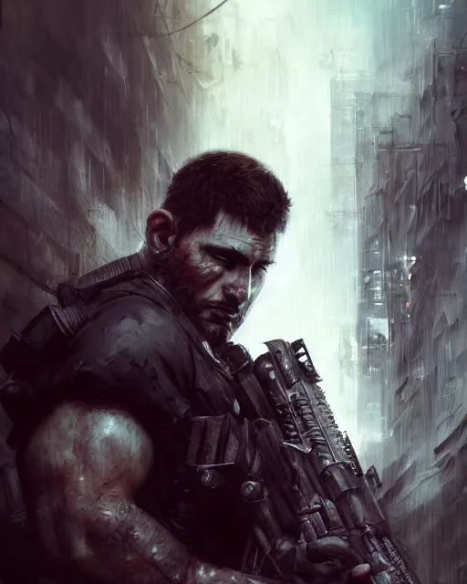 Image similar to battle hardened, charismatic, rugged chris redfield, face centered portrait, confident, ruined cityscape, zombies, fog, rain, volumetric lighting, soft light particles floating near her, illustration, perfectly shaded, soft painting, art by krenz cushart and wenjun lin