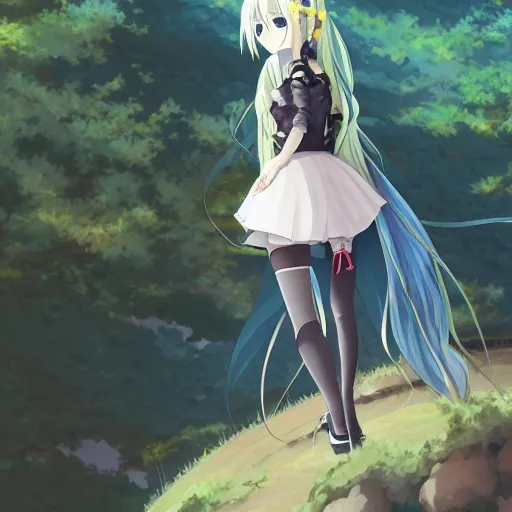 Image similar to beautiful anime waifu scaling a mountain, pixiv