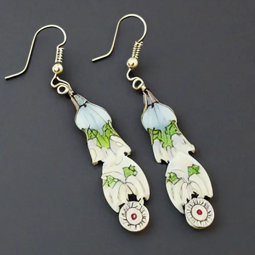 Prompt: highly detailed artnouveau earrings with porcelain ornaments
