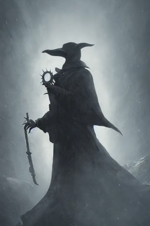 Image similar to A closeup of a Plague Doctor by Greg Rutkowski, Bloodborne, 4k photorealistic, volumetric lighting, HD, high details, dramatic, dark atmosphere, trending on artstation