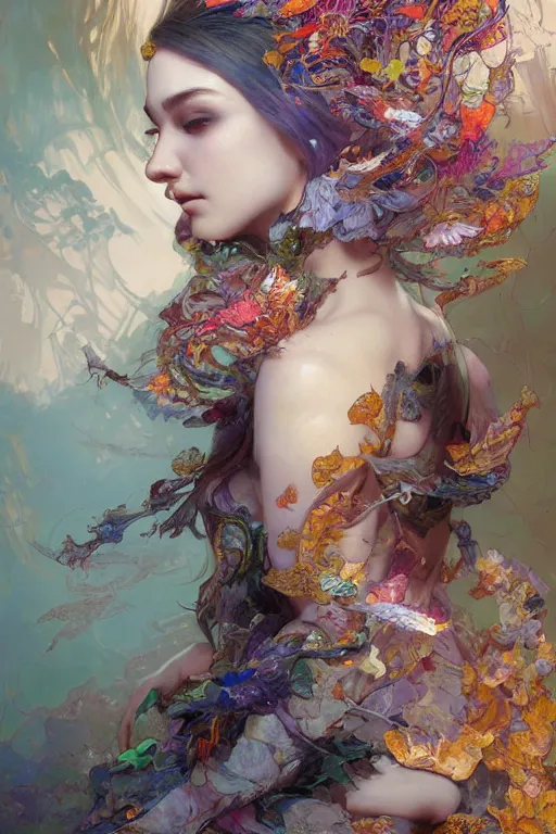 Image similar to a beautiful girl in intricate detailed color oilpaint, 3 d render, hyper realistic detailed portrait, flocking color leaves, ornate leaves headpiece, elegant, intense colors, ruan jia, wlop. scifi, fantasy, hyper detailed, octane render, concept art, by peter mohrbacher, by alphonse mucha, by wlop, by ruan jia