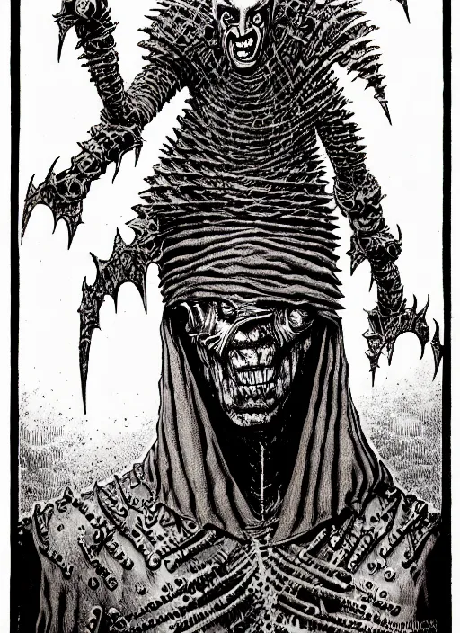 Image similar to the cenobite pinhead as a d & d monster, pen - and - ink illustration, etching, by russ nicholson, david a trampier, larry elmore, 1 9 8 1, hq scan, intricate details, high contrast