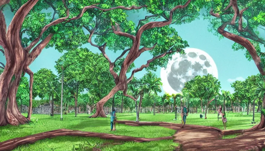 Prompt: a city park in Merida Yucatan Mexico with Ceiba trees and a full moon. fantasy illustration