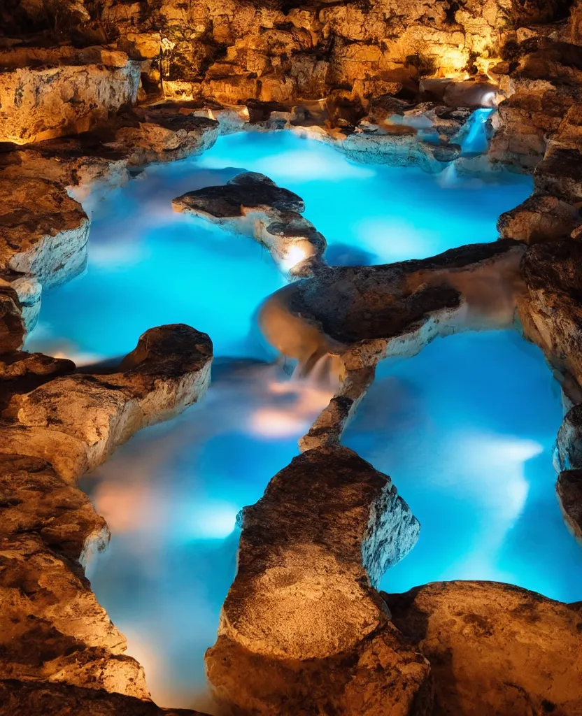 Image similar to endless travertine pools, bright blue glowing water, night photography, magical