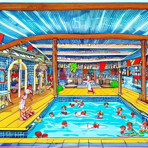 Image similar to where's wally book page highly detailed, swimming pool setting