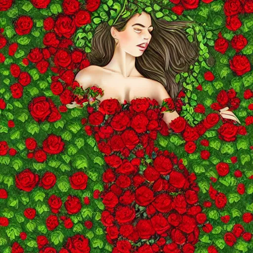 Image similar to full body image of a beautiful woman covered in ivy and red roses, ornate gown standing in a bed of roses, rim light, dynamic lighting, etherial lighting, ultra detail, concept art, elegant, surreal, illustration by lisa aisato