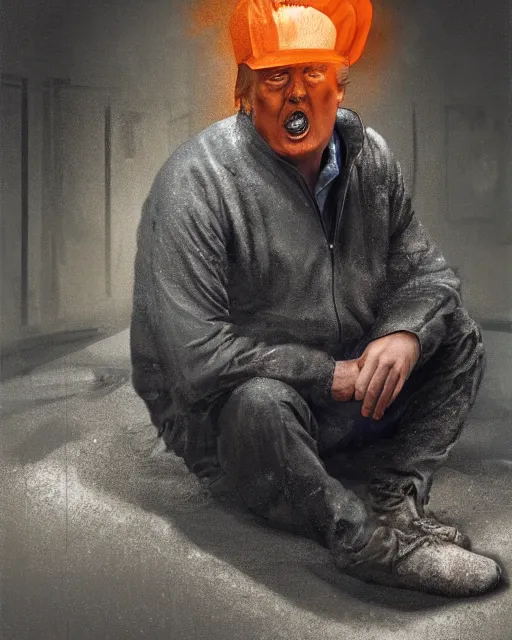 Image similar to a head and shoulders portrait of Donald trump wearing a orange jumpsuit, sitting on the floor of a filthy rat infested concrete jail, dimly lit, volumetric lighting, in jail by craig mullins and Annie Leibowitz, octane, 8k,