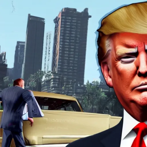 Image similar to donald trump in grand theft auto loading screen, detailed, award - winning, perfect, atmospheric