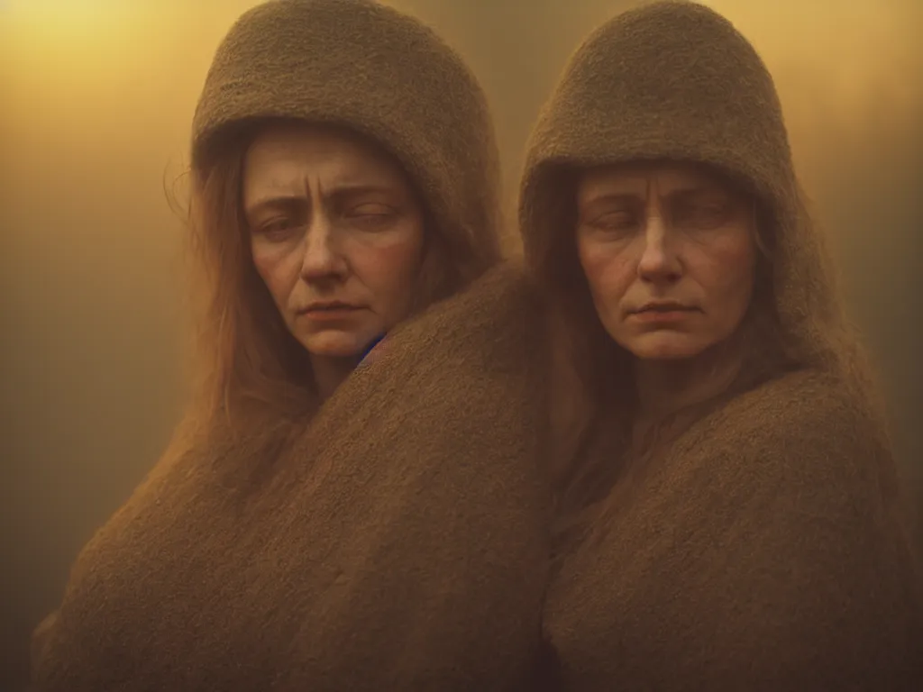 Image similar to close up portrait bust of woman, solemn expression, faded color film, russian cinema, tarkovsky, kodachrome, heavy forest, wood cabin in distance, long brown hair, old clothing, heavy fog, atmospheric haze, brown color palette, sunset, low light, hudson river school, 4 k, dramatic lighting