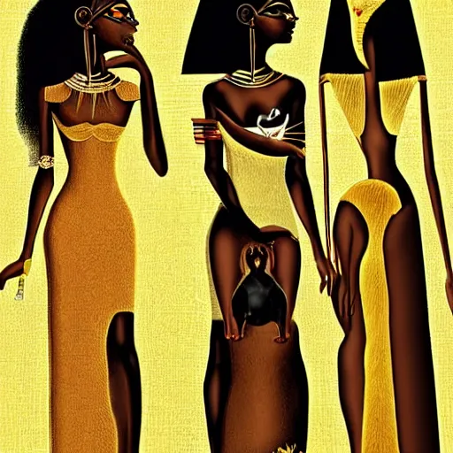 Prompt: a brown skinned black woman, with two cats, elegant, intricate, digital painting, smooth, sharp focus, illustration, salvador dali, ancient egypt, art deco, garden, diamonds