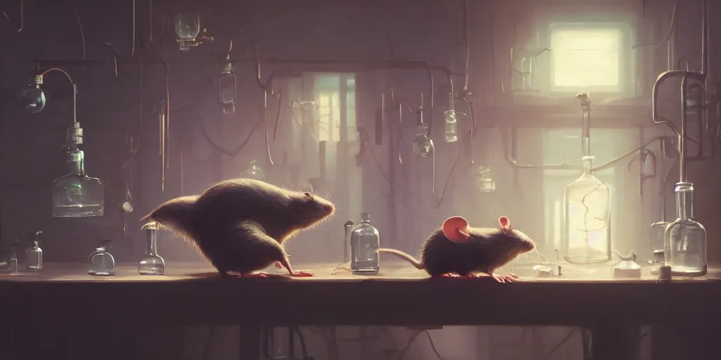 Image similar to rat sitting on a desk in a laboratory with lots of flasks filled with magic liquids and poisonous fog, stephen bliss, unreal engine, fantasy art by greg rutkowski, loish, rhads, ferdinand knab, ilya kuvshinov, rossdraws, tom bagshaw, global illumination, radiant soft light, detailed and intricate environment