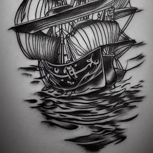 Image similar to A magical pirate ship tattoo realistic tattoo sketch on white background, hyper realistic shaded tattoo, award winning tattoo