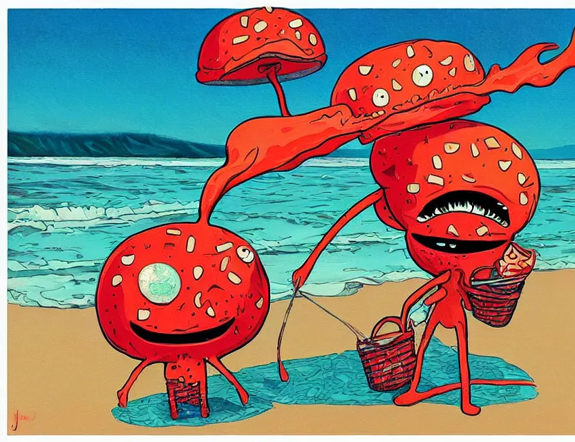 Prompt: a funny painting with rough brush of a lazy red burned tomato with googly eyes on a beach, big piles of strawberry icecream surfing, a sunset by james jean