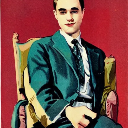 Image similar to “Robert Pattison portrait, color vintage magazine illustration 1950”