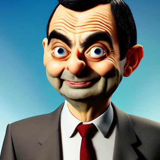 Image similar to Mr Bean in a 3D Animated Mr. Bean film animated by Illumination, portrait, photograph, realistic, hyperrealistic, highly detailed, very detailed, extremely detailed, detailed, digital art, trending on artstation