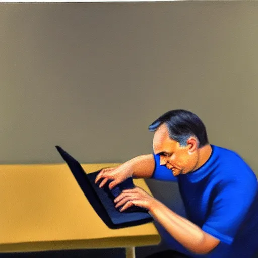 Image similar to viktor orban programming with a laptop in a cubicle, oil painting