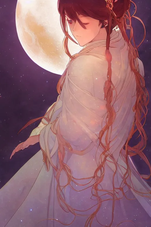 Image similar to anime key visual of a beautiful young moon spirit girl, wearing the robe of sacred mystery, intricate, moonlit lake, stunning, highly detailed, digital painting, artstation, smooth, hard focus, illustration, art by artgerm and greg rutkowski and alphonse mucha