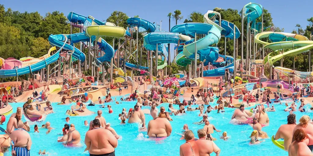 Prompt: huge fat people in a waterpark