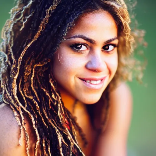 Prompt: a portrait of shakira, sunrise lighting, f 2. 8,