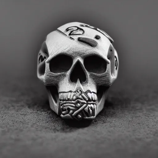 Prompt: d 2 0 merged with a skull, realistic photography, high detailed