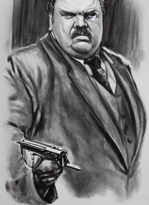 Prompt: gk chesterton as a buff action hero with muscles and a shotgun. portrait by james gurney. realistic face. awesome.