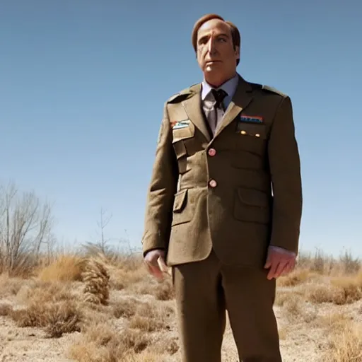 Image similar to Movie still of Saul Goodman wearing modern modern modern heavy military gear, highly detailed, 4k