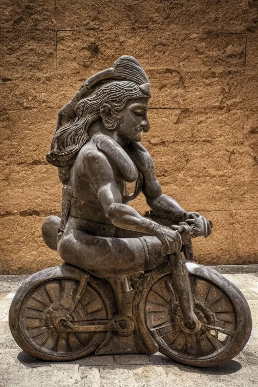 Image similar to photo of the ancient statue of biker on the ancient bike, symmetrical, cinematic, real dlsr photography, sharp focus, 4 k, ultra hd, sense of awe, archeology journal cover