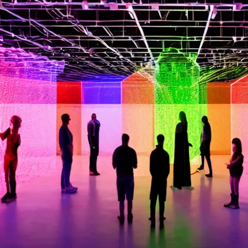 Prompt: a group of people standing in front of a display of illuminated figures, a hologram by stanley twardowicz, trending on shutterstock, holography, dystopian art, stockphoto, global illumination