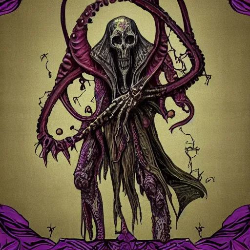 Prompt: undead ilithid mindflayer dracolich, Dungeons & Dragons, Art nouveau, honeycomb background,