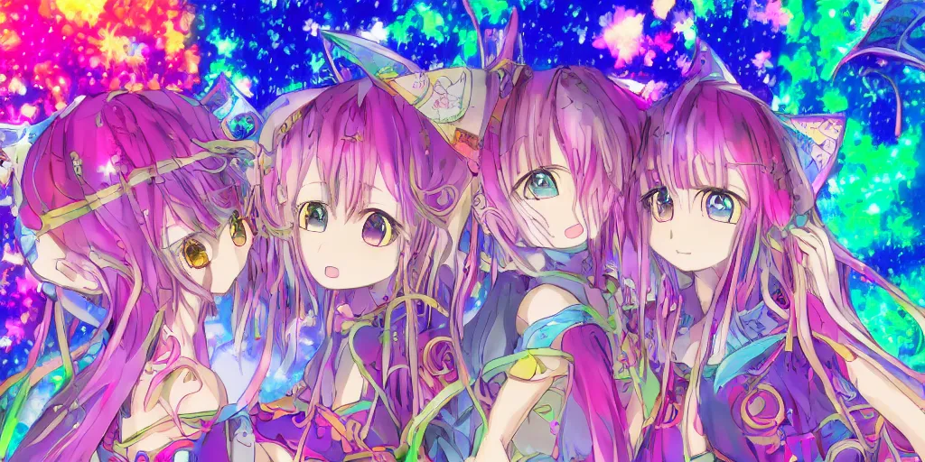 Prompt: Dreamy psychedelic anime, extremely colorful, geometric, Madoka witch labyrinth, patchwork, photoshop, HDR, 4k, 8k, abstract, two anime girls standing within two raging colorful vortexes, detailed and cute faces on the anime girls, very cute and childlike, hugging, smiles and colors, floating feelings, stars as pupils, extremely detailed anime eyes