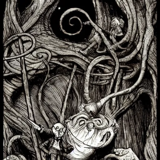 Prompt: twas brillig, and the slithy toves did gyre and gimble in the wabe all mimsy were the borogoves, and the mome raths outgrabe | by lewis carroll and hp lovecraft with doctor seuss and hr giger