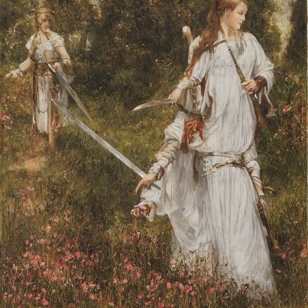 Prompt: Photo of a lady in a white dress, holding a sword, medieval, serene landscape, psychedelia