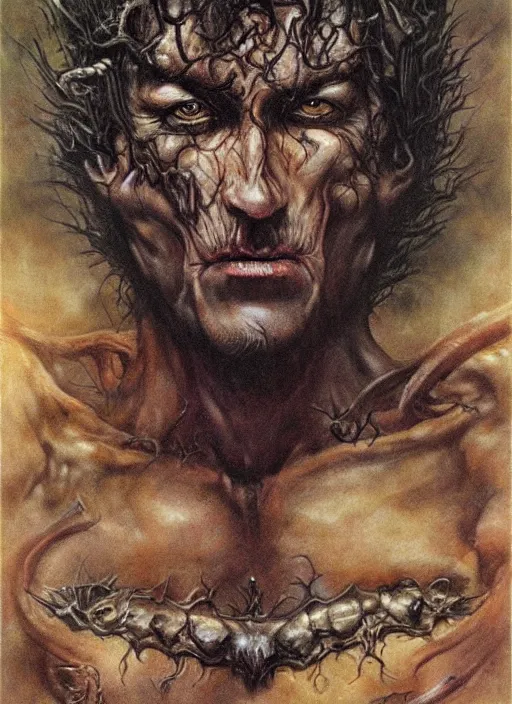 Prompt: portrait of grizzled male god of the damned, black iron crown, claw scars, strong line, deep color, forest, beautiful! coherent! by boris vallejo, by brian froud