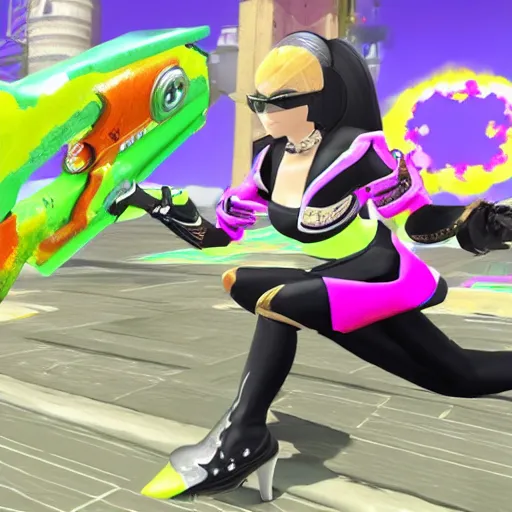 Image similar to 3 d game screenshot of bayonetta in splatoon, high detail, high resolution