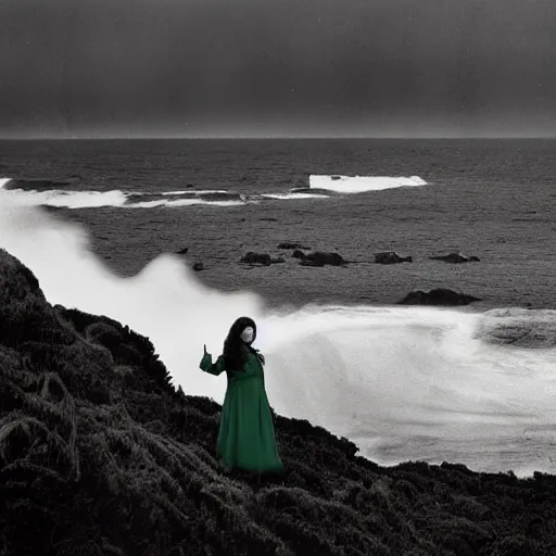 Image similar to dark and moody 1 9 7 0's artistic spaghetti western film in color, a woman in a giant billowy wide long flowing waving white dress transforming into sea spray, standing inside a green mossy irish rocky scenic landscape, crashing waves and sea foam, volumetric lighting, backlit, moody, atmospheric, fog, extremely windy, soft focus