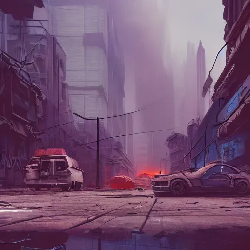 Prompt: hyperrealistic matte painting of a desolate city street, shadows of cyberpunk drifters roaming tall abandoned buildings, intricate detail, vr, cables, distortions, piping, 8 k resolution, by hugh ferris, concept art, trending on artstation