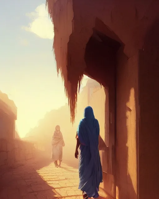 Image similar to beautiful bedouin walking to mosque, detailed portrait, cell shaded, 4 k, vivid colours, concept art by wlop, ilya kuvshinov, artgerm, krenz cushart, greg rutkowski, pixiv. cinematic dramatic atmosphere, sharp focus, volumetric lighting, cinematic lighting, studio quality