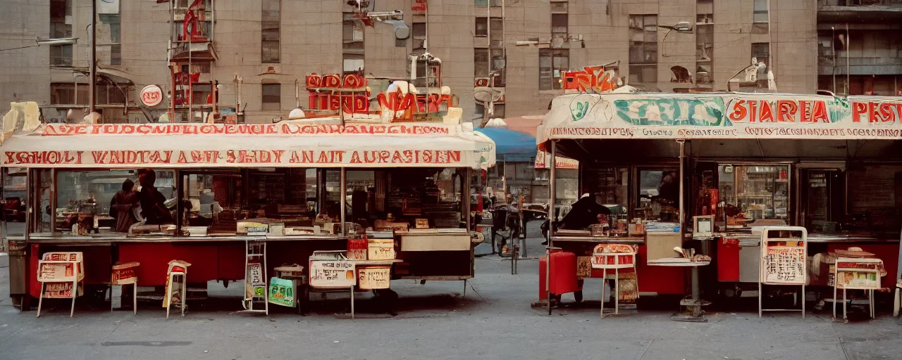 Prompt: medium shot, spaghetti food stand in downtown nyc, kodachrome, in the style of wes anderson, retro