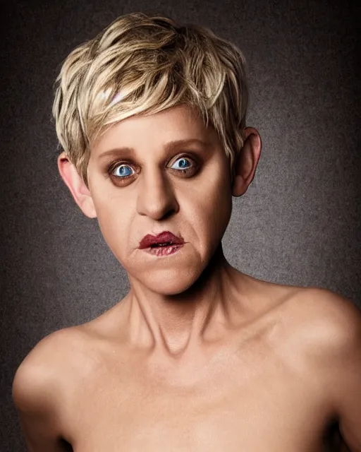 Prompt: headshot of ellen degeneres as a mythical satyr, ellen degeneres in highly detailed satyr makeup and prosthetics designed rick baker, studio lighting, 8 k, photo shoot, 9 inch kershaw soft focus lens f / 5. 6