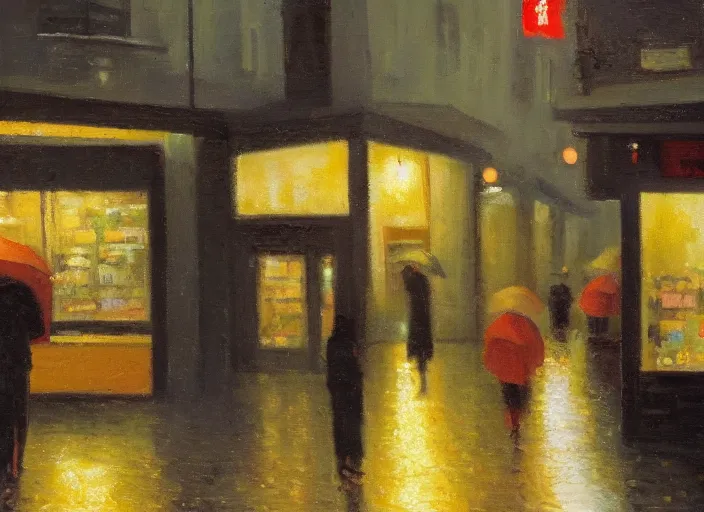 Prompt: last open ramen place in a street at night, melancholic, rainy night, in the style of australian tonalism, oil on canvas