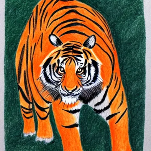 Prompt: very good drawing of a tiger colored in felt tip pen in orange