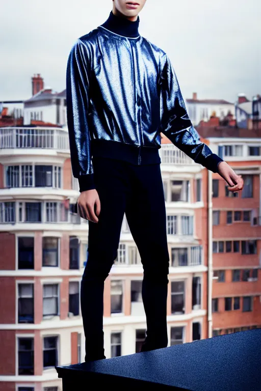 Image similar to un ultra high definition studio quality photographic art portrait of a young man standing on the rooftop of a british apartment building wearing soft padded silver pearlescent clothing. three point light. extremely detailed. golden ratio, ray tracing, volumetric light, shallow depth of field. set dressed.